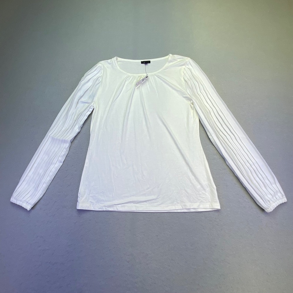 Talbots Shirt Women's Size XS NWT White Pleated Sleeve Crew Neck Long Sleeve Top